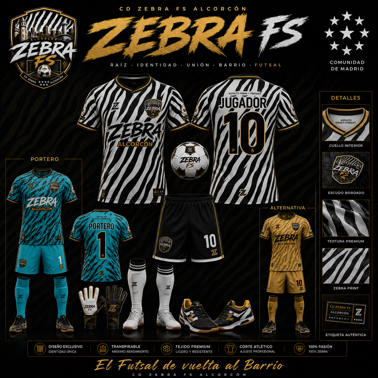 Equipaciones oficiales CD Zebra FS Alcorcón: primera, portero y alternativa